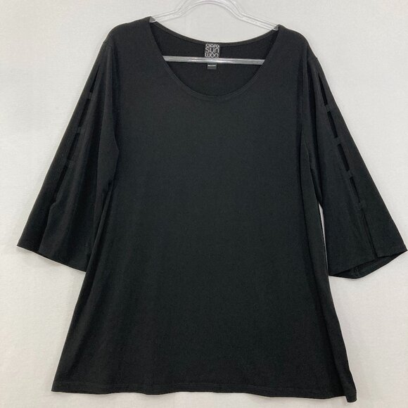 Clara Sun Woo size 1X Black Round Neck Cut Out Sleeve Detail Stretch Knit Blouse - Picture 1 of 10